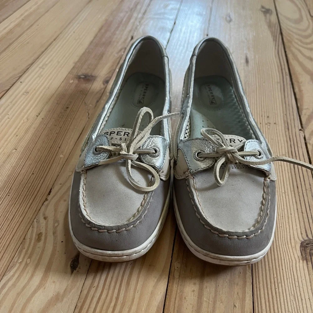 Sperry Top-Sider Womens 8M Silver Tan Mesh Boat Shoes Metallic Loafers 9102765
